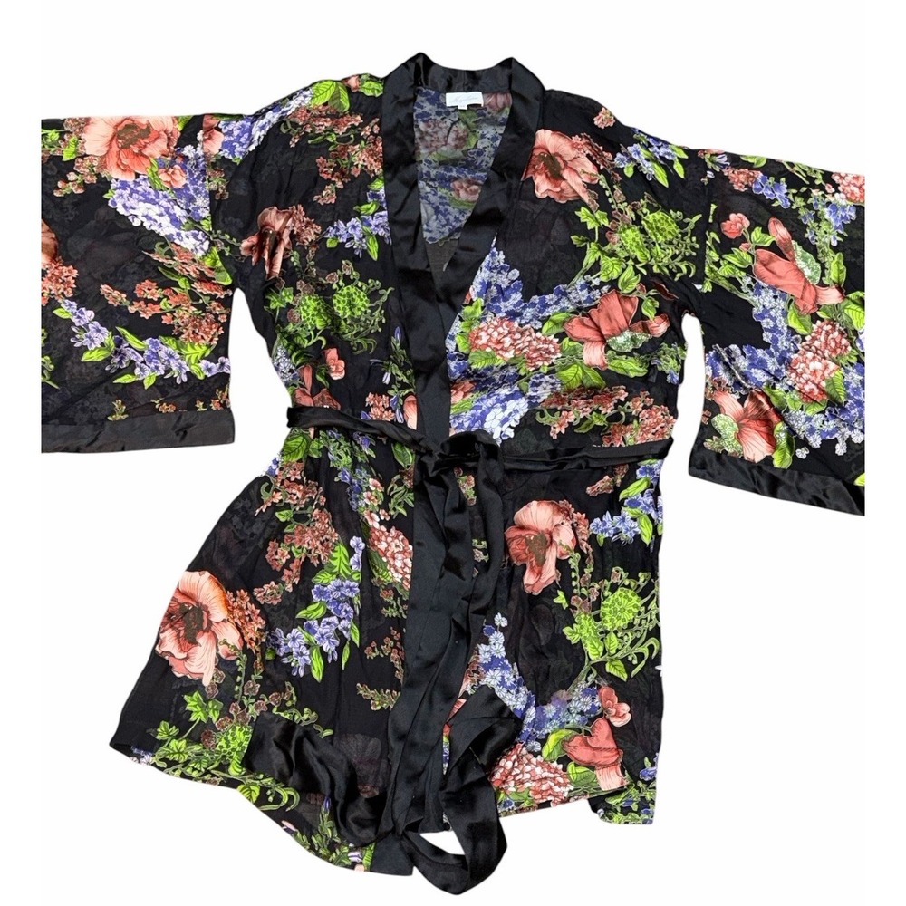 Marjolaine Silk Blend Floral Kimono Robe Womens Size M 44 Black Tie Waist Luxury